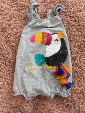Mud Pie Gray One-Piece with Colorful Toucan Applique and Tassels